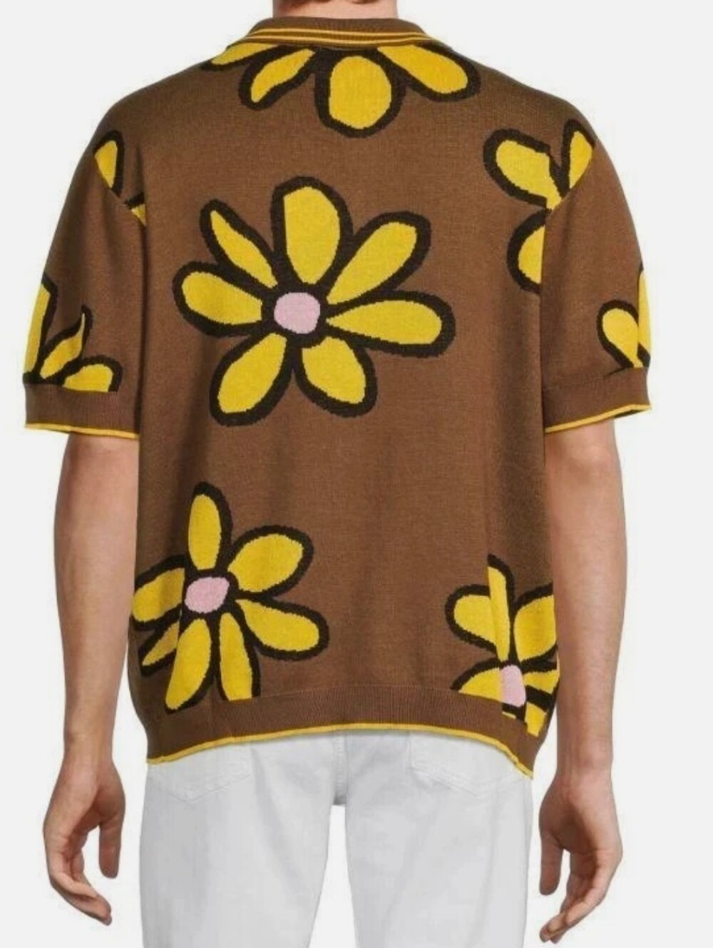 NWT Unisex WESC Brown Button-Up Floral Knit Polo with Yellow & Pink Accents - Picture 6 of 10